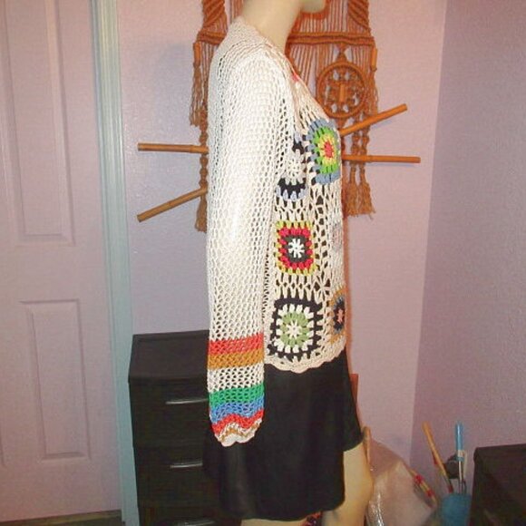 Vtg Crochet Open Knit Granny Square Cardigan Size M L Sweater Rainbow Groovy 70s - Picture 4 of 6
